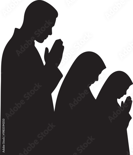 Silhouette of a man and two women in headscarves praying with hands clasped in a gesture of religious devotion