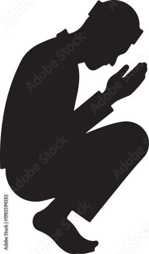 Silhouette of a muslim man crouching in prayer with hands raised in supplication islamic religious ritual and humility