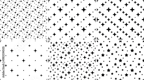Black and white seamless star sparkle pattern vector illustration set