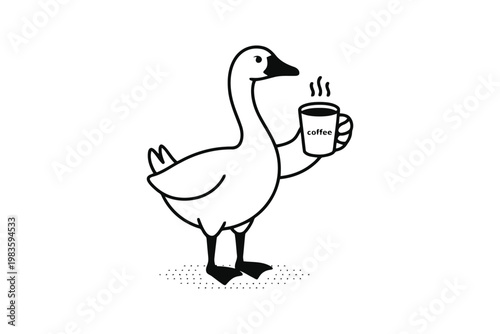 Cartoon white goose holding a steaming cup of coffee