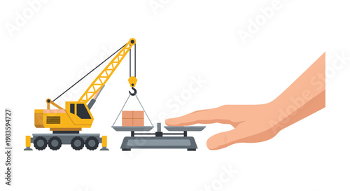 A conceptual illustration of a yellow industrial crane placing a brown box onto a balance scale while a human hand presses down on the opposite side.