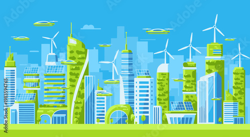Eco-friendly cityscape with green buildings and wind turbines.