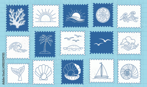 Collection of nautical postage stamps featuring seashells ocean waves palm trees and coastal elements for summer vacation travel vector illustration set