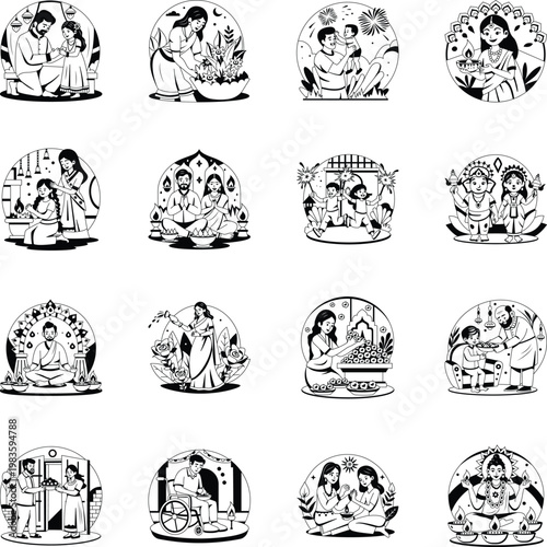 Set of Glyph Style Diwali Celebration Illustrations 