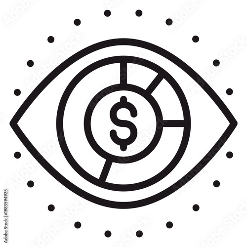 Bild auf Leinwand Financial vision vector icon: Eye symbol featuring a pie chart and dollar sign, representing business analytics, market monitoring, investment oversight, and data-driven economic insights