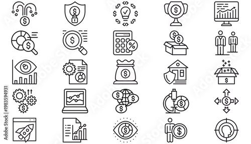Business and Finance Vector Icon Set, 25 Black Minimalist Symbols for Data Analysis, Growth, Money, Marketing, and Corporate Success. Collection of Professional Web Graphics for Banking and Analytics.