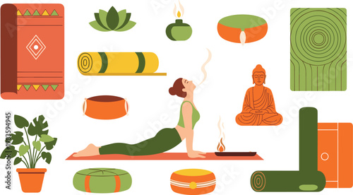 Yoga meditation set with woman plants candles buddha vector illustration wellness relaxation collection spiritual design elements