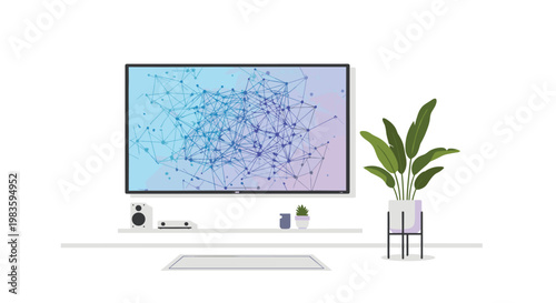 A minimalist interior scene featuring a large flat screen television displaying a complex blue network diagram next to a lush green potted plant indoors.
