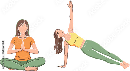 Women practicing yoga poses set meditation fitness exercise vector illustration healthy lifestyle wellness collection design elements