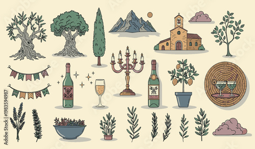 Rustic Mediterranean landscape elements featuring olive trees wine bottles church mountains and vintage Italian countryside lifestyle hand drawn icons vector illustration set