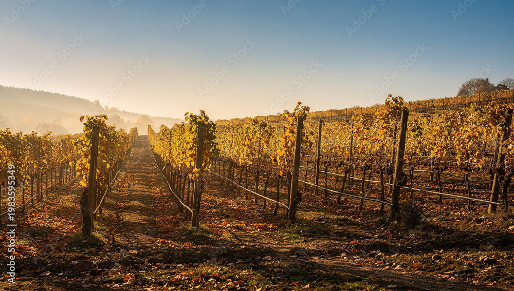 Obraz premium Vineyard landscape with rows of grapevines and empty space for text in the background