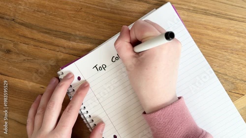 Close up of hands writing “top college picks” on lined notebook paper, education planning and decision concept for students, natural light overhead shot on wooden table, 4K video
