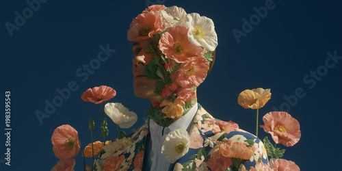 A portrait of a man blending seamlessly with beautiful flowers against a dark blue background