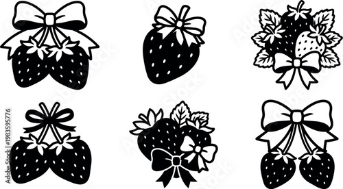 Black and white strawberry bunches with bows vector art set