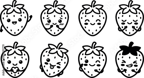 Cute kawaii strawberry faces with various happy expressions line art vector