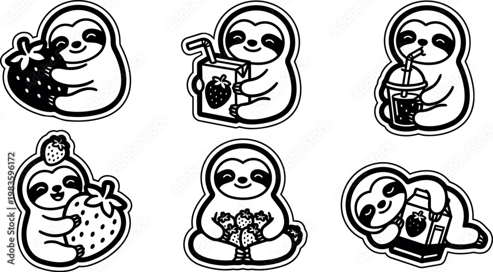 Fototapeta premium Cute sloths with strawberries and drinks