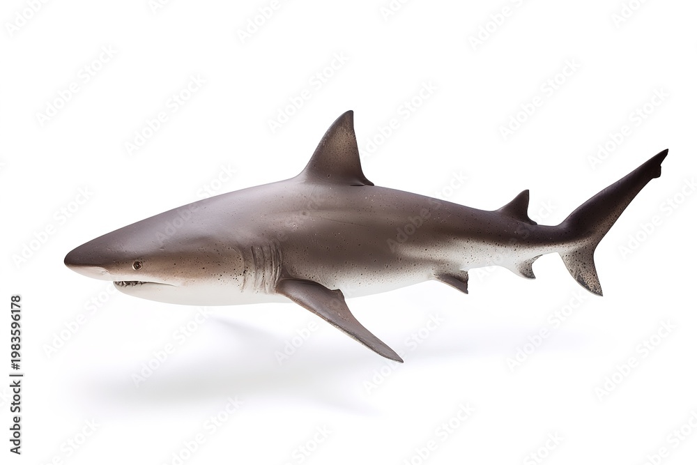 Fototapeta premium Great white shark side view, isolated on white background