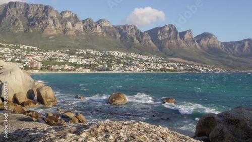 Midday Waves Crashing on Rocks at Camps Bay Beach, Cinematic Ocean Ambience in Cape Town South Africa