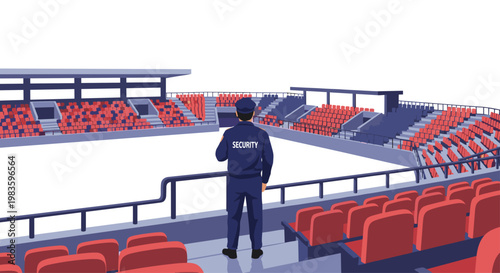 A professional security guard in a dark blue uniform stands watch over rows of empty red and blue seats in a large open stadium during the daytime.