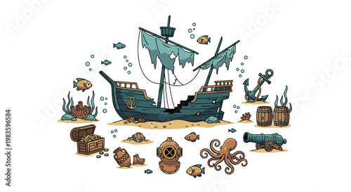 A detailed collection of nautical artifacts including a sunken wooden shipwreck, a gold-filled treasure chest, and a curious octopus rests on the sand.
