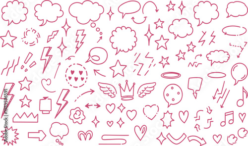 Pink Hand Drawn Decorative Cute Doodle Elements With Speech Bubbles Hearts Stars Wings Crowns And Sparkle Icons Collection Vector Illustration Set