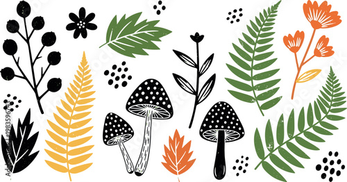 Botanical forest collection featuring linocut style mushrooms wild ferns autumn leaves and organic floral elements nature vector illustration set