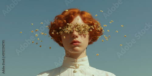 A Portrait of a person with flowers around their eyes in an elegant setting. Expressing a dreamlike atmosphere 