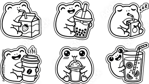 Black and white line art frog drinking various beverages set with juice tea coffee and bubble tea