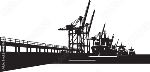 Industrial harbor, cargo cranes, dock silhouette, black and white, vector graphics