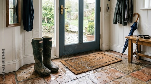 A pair of muddy rubber boots placed by a front door on a wet spring day with small puddles and a doormat visible, eye-level indoor