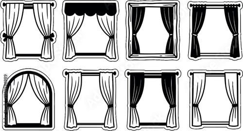 Black and white window curtain icons with various frames and styles vector art
