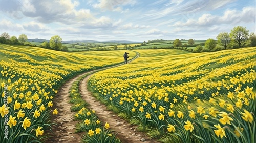 A lone path cutting through a vast field of blooming daffodils blowing in the wind with a person walking in the distance, wide