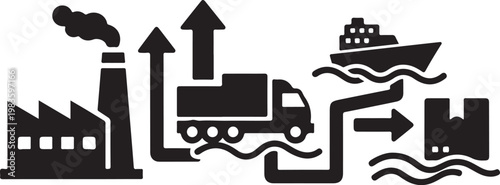 Supply Chain, Logistics Icons, Industrial Shipping, Transportation Symbols, Black Vector