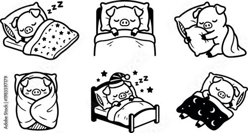 Black and white cute piglet sleeping in various cozy bed positions line art