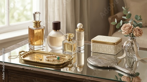 A luxurious still life arranged on a mirrored surface featuring perfume bottles, jewelry, and decorative objects with soft natural