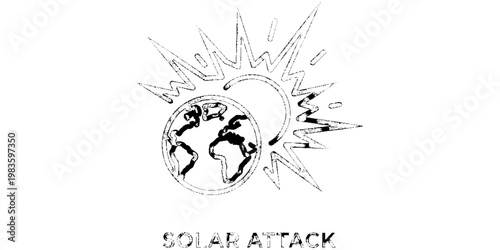 Solar Attack Illustration Featuring a Stylized Earth Impacted by Intense Sun Rays and Lightning Bolts Representing a Geomagnetic Storm, Solar Flare, or Global Warming Climate Change Concept.