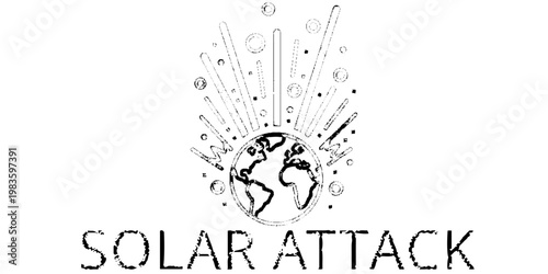 Solar Attack Illustration Featuring a Stylized Earth Impacted by Intense Sun Rays and Lightning Bolts Representing a Geomagnetic Storm, Solar Flare, or Global Warming Climate Change Concept.