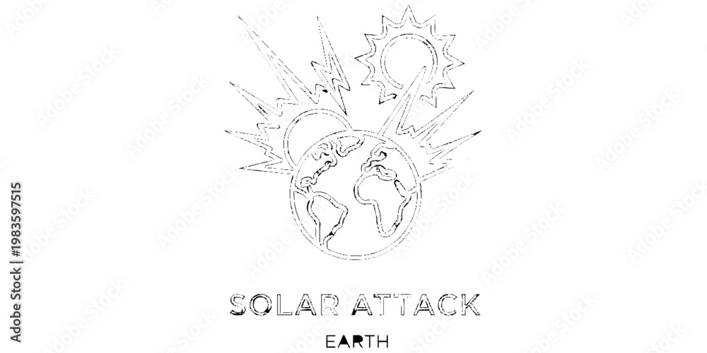 Fototapeta premium Solar Attack Illustration Featuring a Stylized Earth Impacted by Intense Sun Rays and Lightning Bolts Representing a Geomagnetic Storm, Solar Flare, or Global Warming Climate Change Concept.