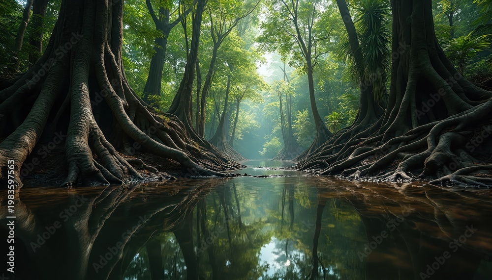 Fototapeta premium Thick tree roots line calm river banks in rich green forest. Sunlight filters through canopy onto water reflecting trees. Peaceful jungle stream path.