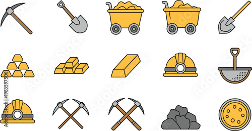 Mining industry tools and gold elements flat vector icon set for industrial design use