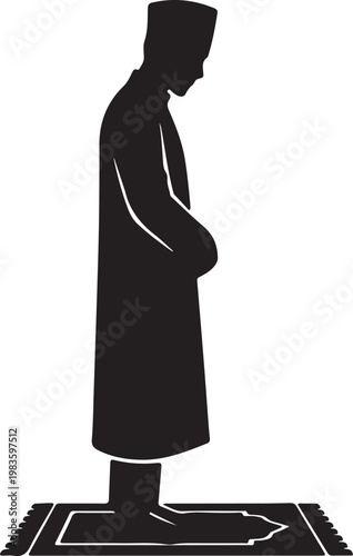 Silhouette of a muslim man standing on a prayer rug performing salah ritual in a traditional robe and cap isolated white