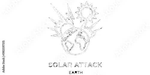 Solar Attack Illustration Featuring a Stylized Earth Impacted by Intense Sun Rays and Lightning Bolts Representing a Geomagnetic Storm, Solar Flare, or Global Warming Climate Change Concept.