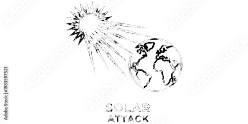 Solar Attack Illustration Featuring a Stylized Earth Impacted by Intense Sun Rays and Lightning Bolts Representing a Geomagnetic Storm, Solar Flare, or Global Warming Climate Change Concept.