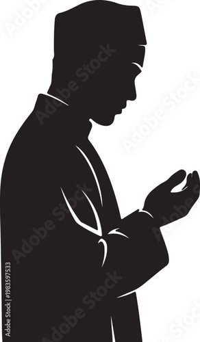 Silhouette of a muslim man standing in prayer, wearing a traditional kufi cap and robe, isolated on a plain white background