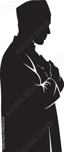 Silhouette of a muslim man standing with arms crossed in prayer, wearing a traditional kufi cap, isolated on white