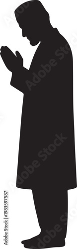 Silhouette of a muslim man standing with hands clasped in prayer wearing a traditional cap isolated on white background