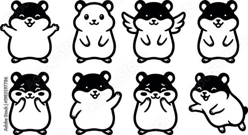 Cute black and white hamsters with various happy expressions and poses vector art
