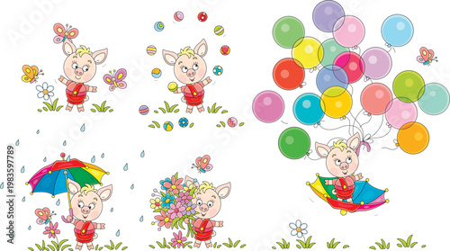 Funny little piglet playing with butterflies on a lawn, juggling balls, hiding under its umbrella, enjoying a bouquet of flowers and flying with colorful balloons, a set of cliparts