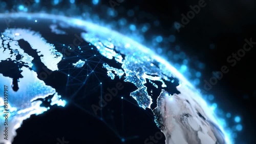 Tracking aerial shot of illuminated globe rotating with network connections and city lights in orbiting space view