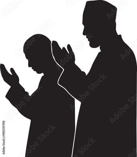 Silhouette of two muslim men standing side by side with hands raised in prayer performing traditional islamic worship